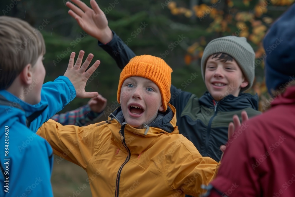 Group of happy children, boys and girls, having fun in autumn forest Group of happy children, boys and girls, having fun in autumn forest