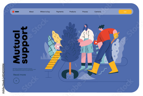 Mutual Support: Community yard improvement -modern flat vector concept illustration of people planting trees and plants A metaphor of voluntary, collaborative exchanges of resource, services
