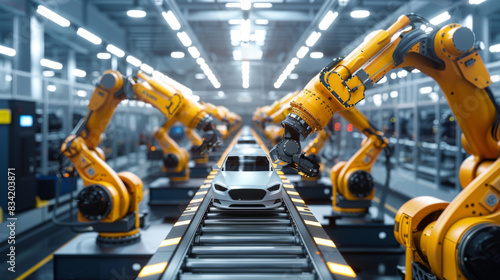Robotic arms working in synchrony on a high-tech car production line, illustrating modern industrial automation.