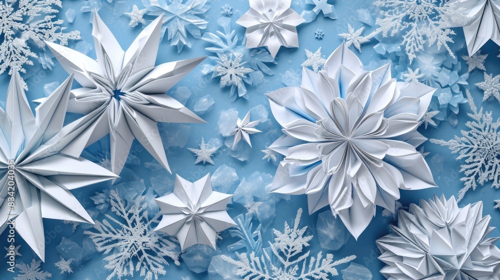 Delicate paper snowflakes on a bright blue surface, perfect for winter or holiday themed projects Delicate paper snowflakes on a bright blue surface, perfect for winter or holiday themed projects