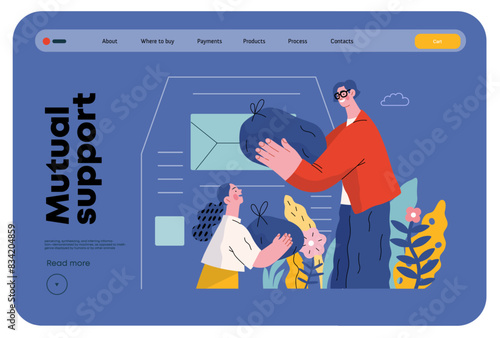 Mutual Support Giving clothes to donation bins -modern flat vector concept illustration of people placing bags of clothes into drop-off box A metaphor of voluntary, collaborative exchanges of resource
