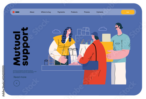 Mutual Support: Bringing groceries to food bank -modern flat vector concept illustration of people donating food to food pantry A metaphor of voluntary, collaborative exchanges of resource, services