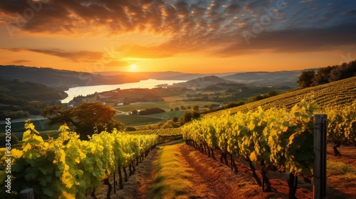 A picturesque vineyard with rolling hills and grapevines under a golden sunset - 