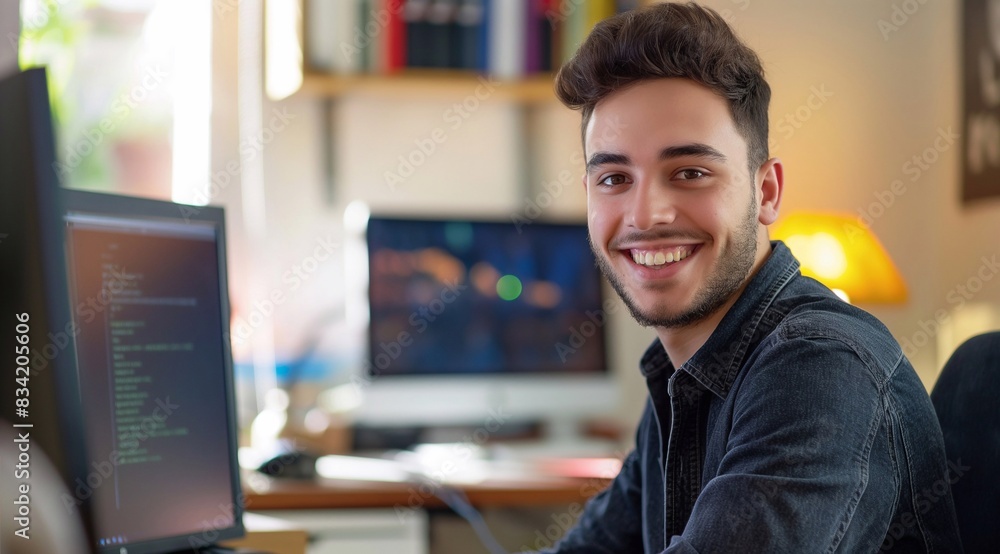 A smiling young man sitting at his desk working on a computer. Behind his we see a home office space. generative AI A smiling young man sitting at his desk working on a computer. Behind his we see a home office space. generative AI