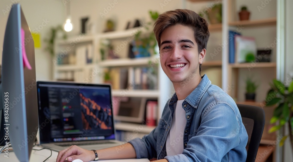 A smiling young man sitting at his desk working on a computer. Behind his we see a home office space. generative AI A smiling young man sitting at his desk working on a computer. Behind his we see a home office space. generative AI