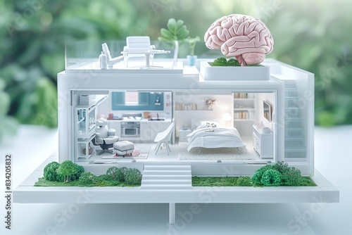 Miniature smart home with brain model on roof, blending architecture and neurotechnology for future living. photo