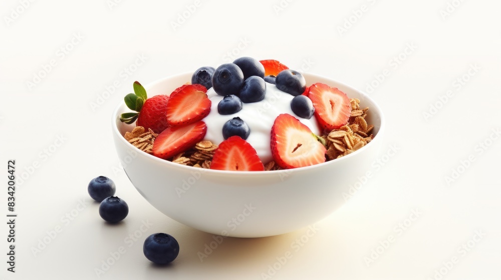 A bowl filled with cereal, strawberries, and blueberries, perfect for a healthy morning meal or as a snack A bowl filled with cereal, strawberries, and blueberries, perfect for a healthy morning meal or as a snack