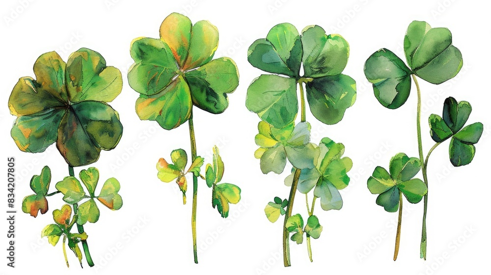A group of four-leaf clovers arranged on a white background A group of four-leaf clovers arranged on a white background