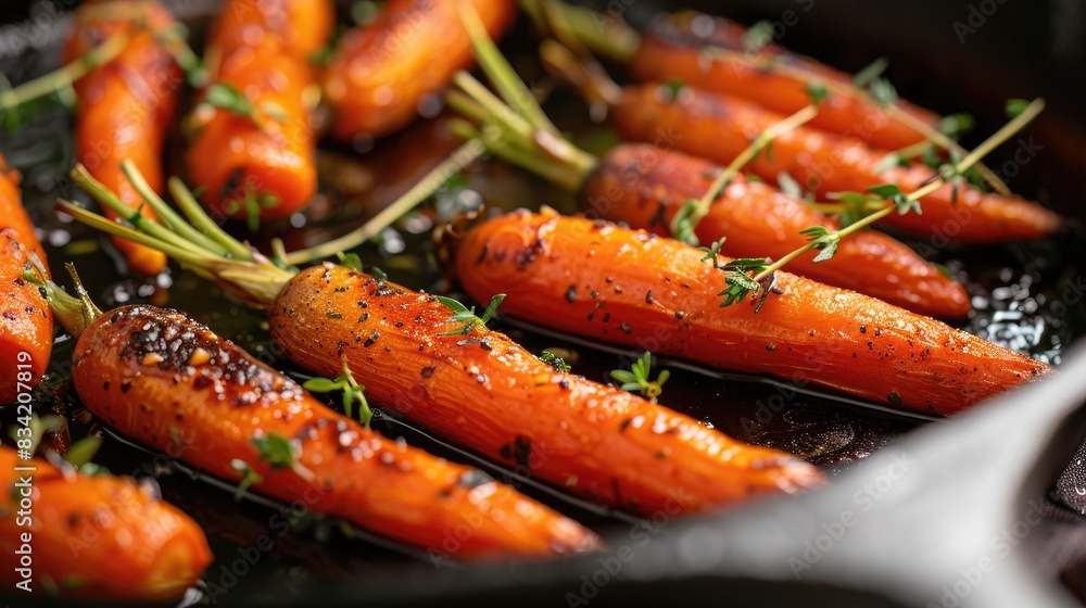 Baby carrots roasted with thyme in a cast iron pan Baby carrots roasted with thyme in a cast iron pan