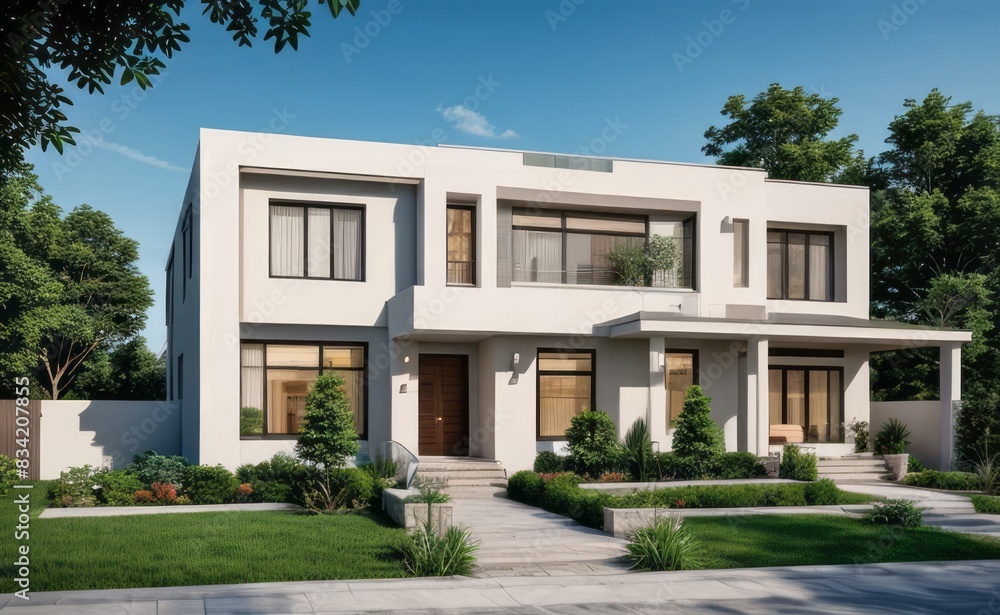 Fototapeta premium A Contemporary Dwelling with Stylish Architecture, Beautiful Exterior Design, and a Serene Garden Setting. Perfect Family Home in a Residential Neighborhood, Featuring Thoughtful Construction