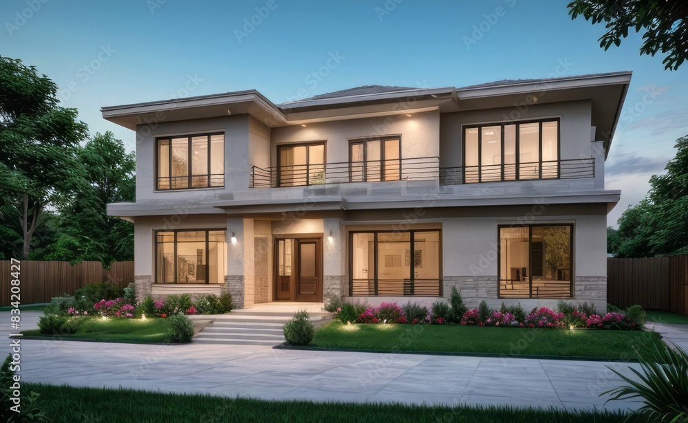 Fototapeta premium A Contemporary Dwelling with Stylish Architecture, Beautiful Exterior Design, and a Serene Garden Setting. Perfect Family Home in a Residential Neighborhood, Featuring Thoughtful Construction 