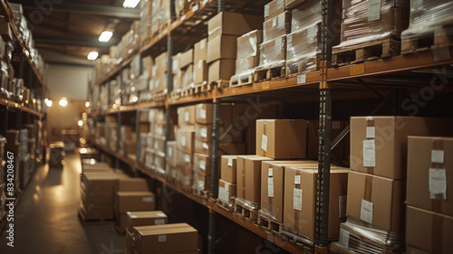 diferent angle, a ware house of delivery company with a lot of boxes,generative ai