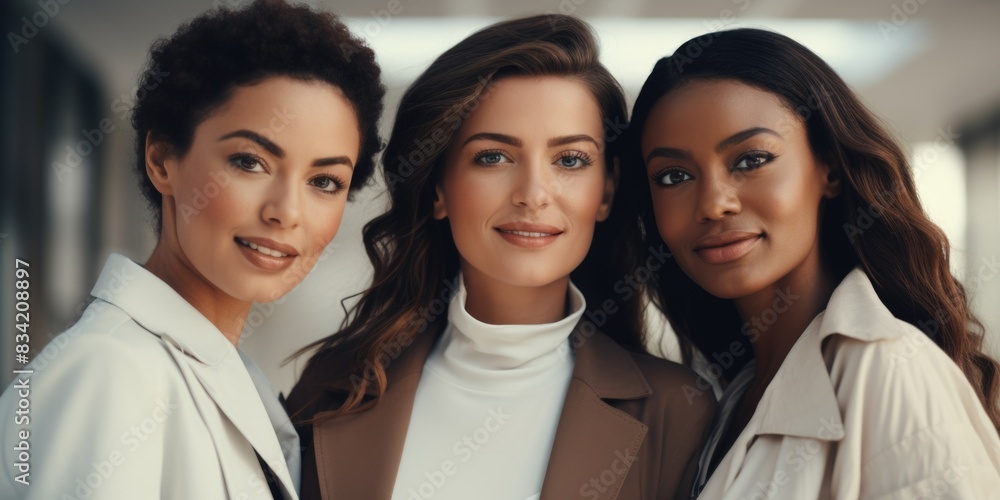 A group of three women standing next to each other, smiling and making eye contact A group of three women standing next to each other, smiling and making eye contact