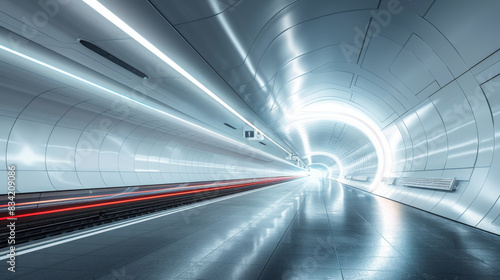 Modern  sleek subway station with futuristic design elements and motion blur indicating speed  representing advanced urban transportation.