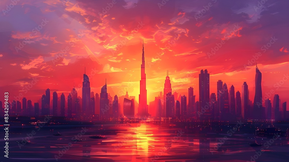 Modern luxury architecture of Dubai skyline with sunset, cityscape with ...