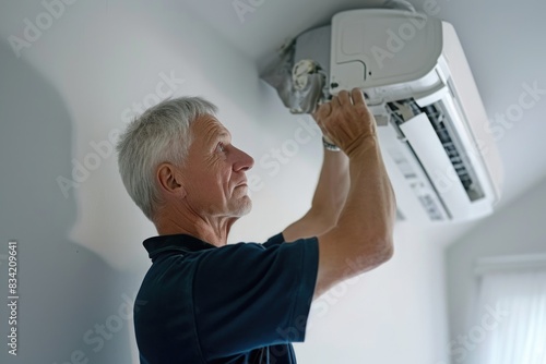 A person is fixing an air conditioner unit in a room photo