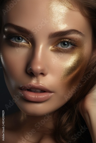 A woman with heavy gold makeup applied  perfect for glamour or artistic use