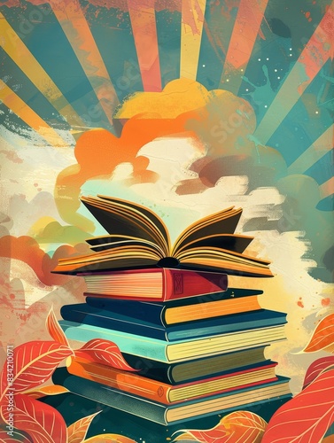 Wallpaper Mural Colorful stack of books with an open book at the top against a vibrant sunset background Torontodigital.ca