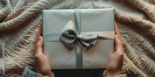 A person is shown holding a white gift box with a silver bow, ideal for use in scenes where gifts are being given or received