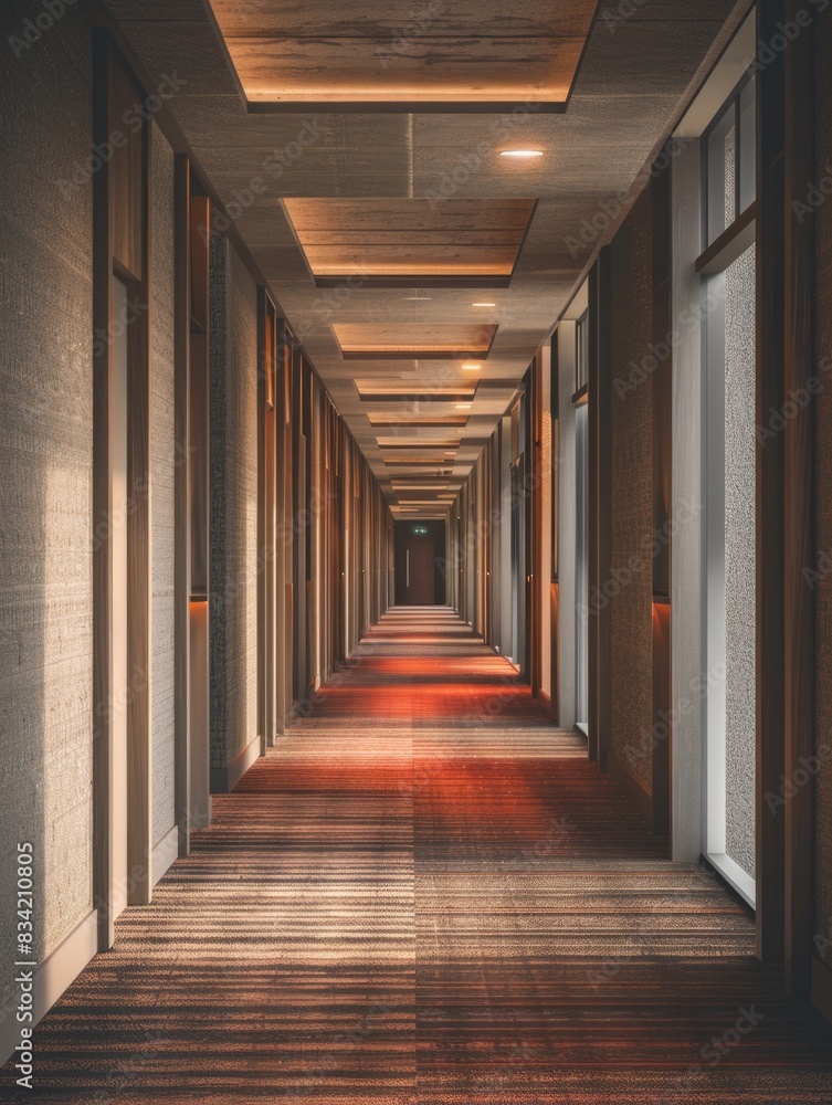 A long hallway with wooden floors and windows