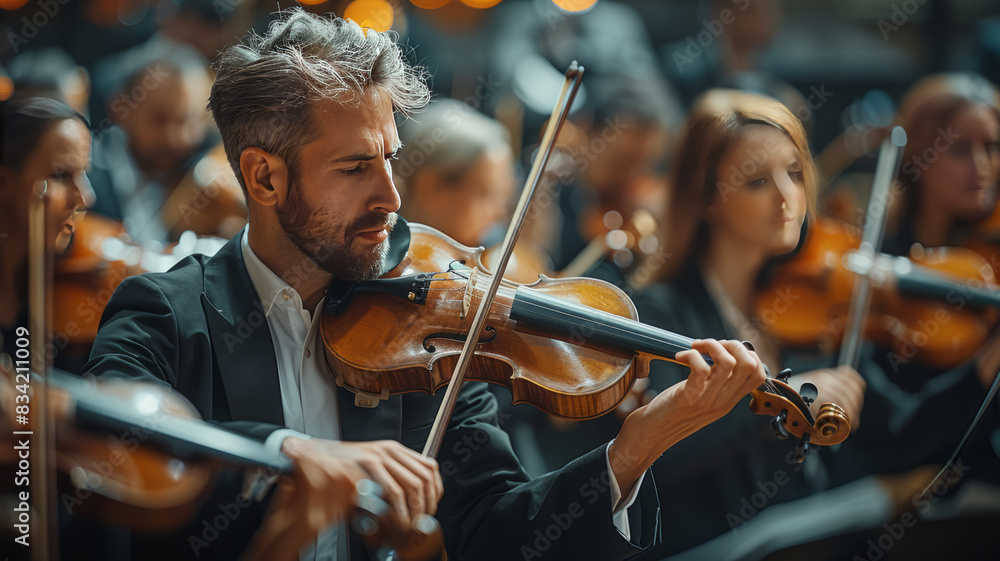 Fototapeta premium Symphony musicians playing on stage,generative ai