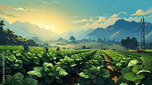 A potato farm with rows of plants and farmers digging up the harvest -  photo