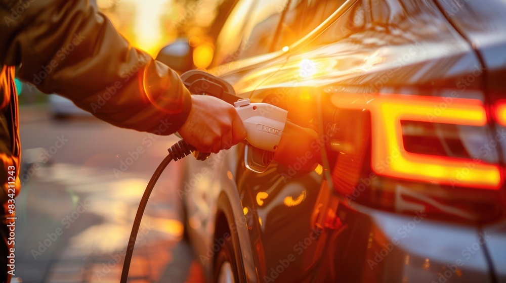 Sustainable, Green Energy, Environment conservation concept picture of electric plug-in hybrid car at charging station point for electric vehicles. Sustainable, Green Energy, Environment conservation concept picture of electric plug-in hybrid car at charging station point for electric vehicles.