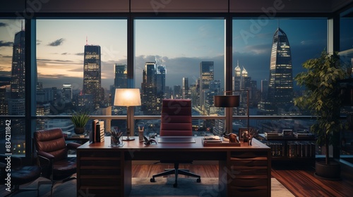 A quiet corner office with a large wooden desk, personal touches, and a window view of the city skyline, exuding professionalism and focus.   © Awais