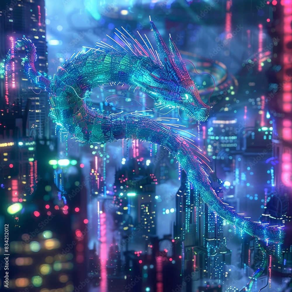 Futuristic dragon soaring above a neon-lit cityscape at night under a glowing sky Futuristic dragon soaring above a neon-lit cityscape at night under a glowing sky