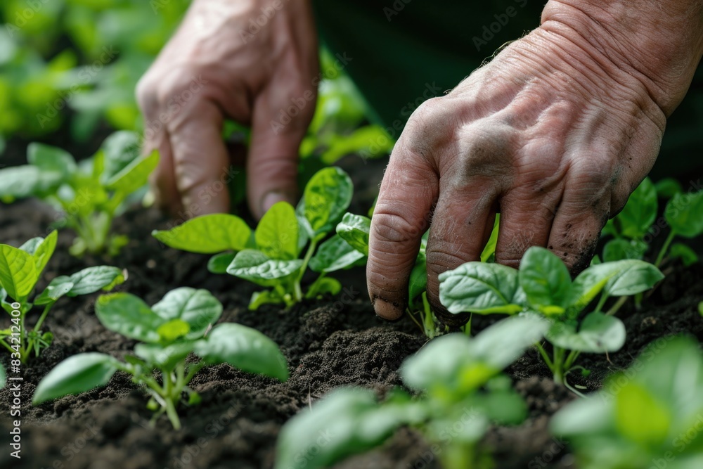 A human hand reaches down to touch the roots of a plant growing in soil A human hand reaches down to touch the roots of a plant growing in soil