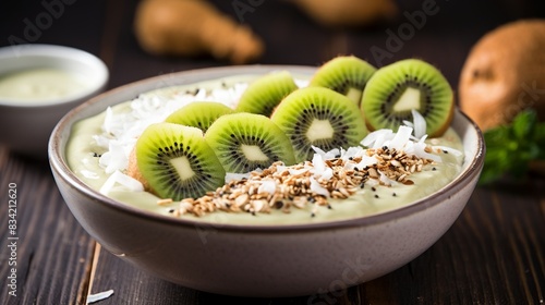A refreshing fruit smoothie bowl topped with granola, coconut flakes, and sliced kiwi 