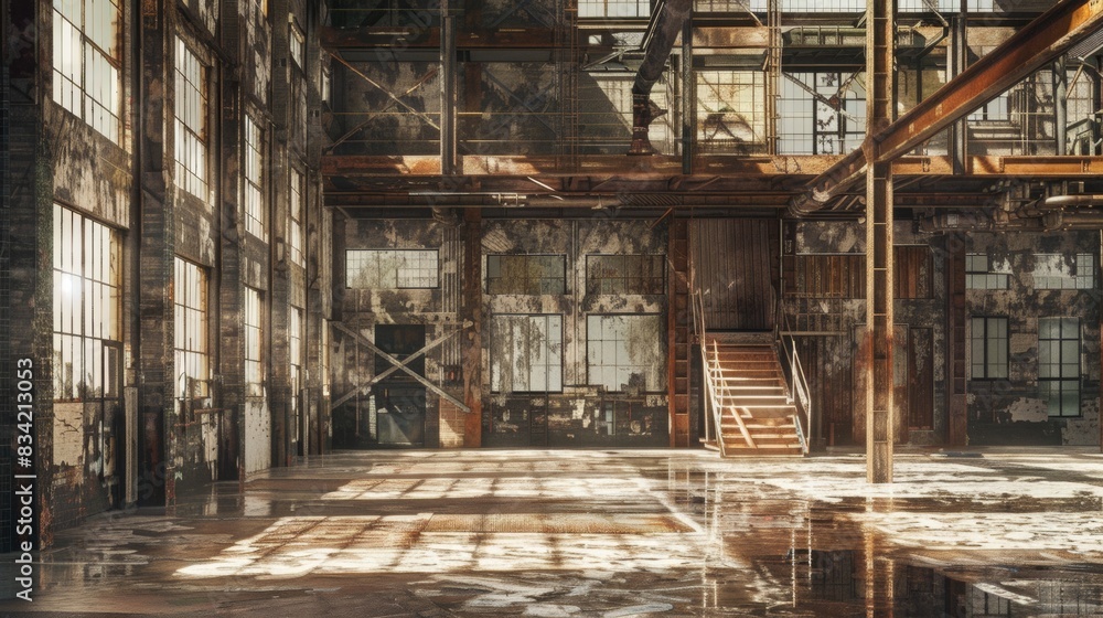 Capture a weathered, industrial warehouse from an eye-level angle using a grunge effect in digital rendering Capture a weathered, industrial warehouse from an eye-level angle using a grunge effect in digital rendering