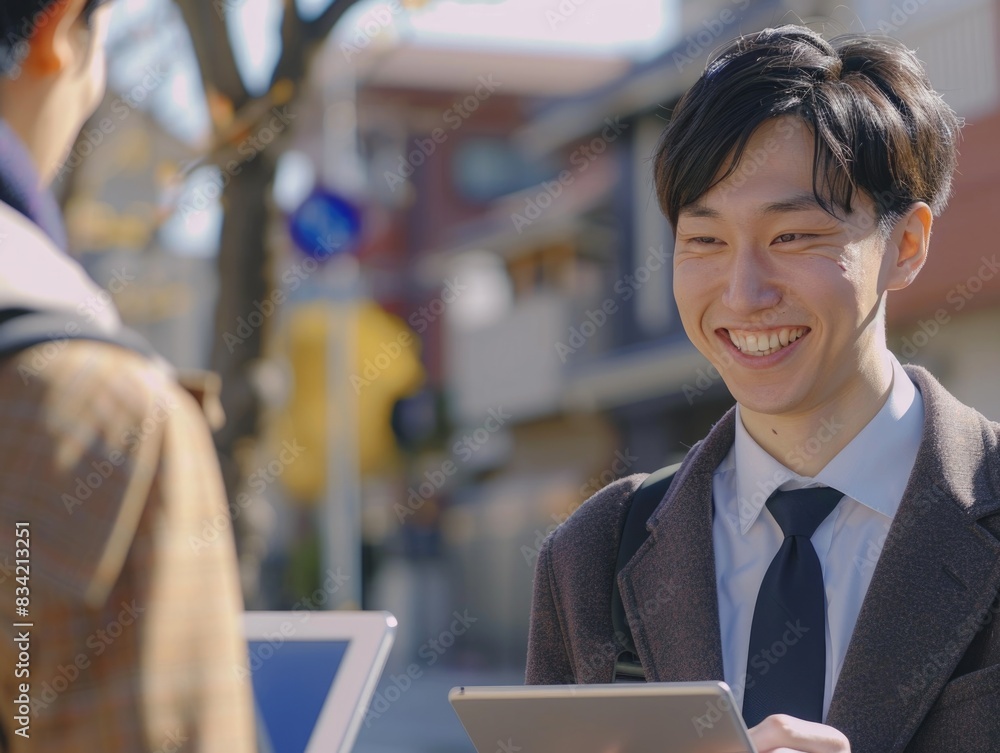 A person wearing a suit and tie holding a digital device, suitable for business or professional settings A person wearing a suit and tie holding a digital device, suitable for business or professional settings