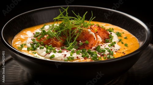 A rich and creamy bowl of lobster bisque garnished with a dollop of sour cream and chives 