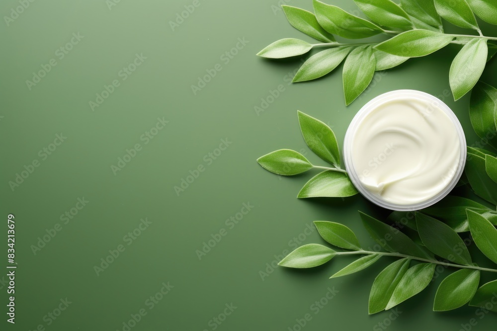 A jar of cream sitting on green leaves A jar of cream sitting on green leaves