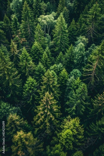 Aerial view of a dense forest with many trees, ideal for environmental or nature-themed projects