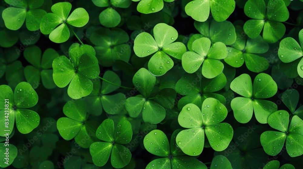 Fresh green clover leaves with dewy water droplets