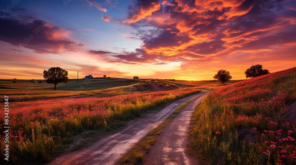 A romantic countryside sunset, with rolling hills and a winding road leading to a distant farmhouse, bathed in golden light.  