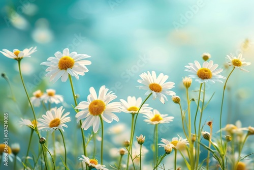 A field of white and yellow flowers against a bright blue sky  ideal for use in backgrounds or as a design element