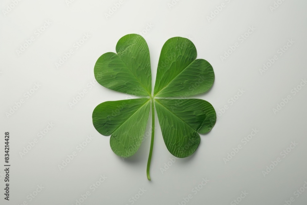 A rare and lucky four leaf clover sits on a white surface, surrounded by nothing but simplicity A rare and lucky four leaf clover sits on a white surface, surrounded by nothing but simplicity