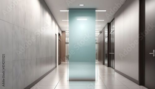 Blank glass nameplate design mockup, 3d rendering. Signplate mock up on the wall near office entrance interior. Signage panel door number template created with generative ai photo