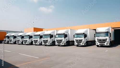 Fleet of trucks parked at parking lot yard of delivery company. Truck transport. Logistic industry. Commercial truck for delivering goods from warehouse created with generative ai