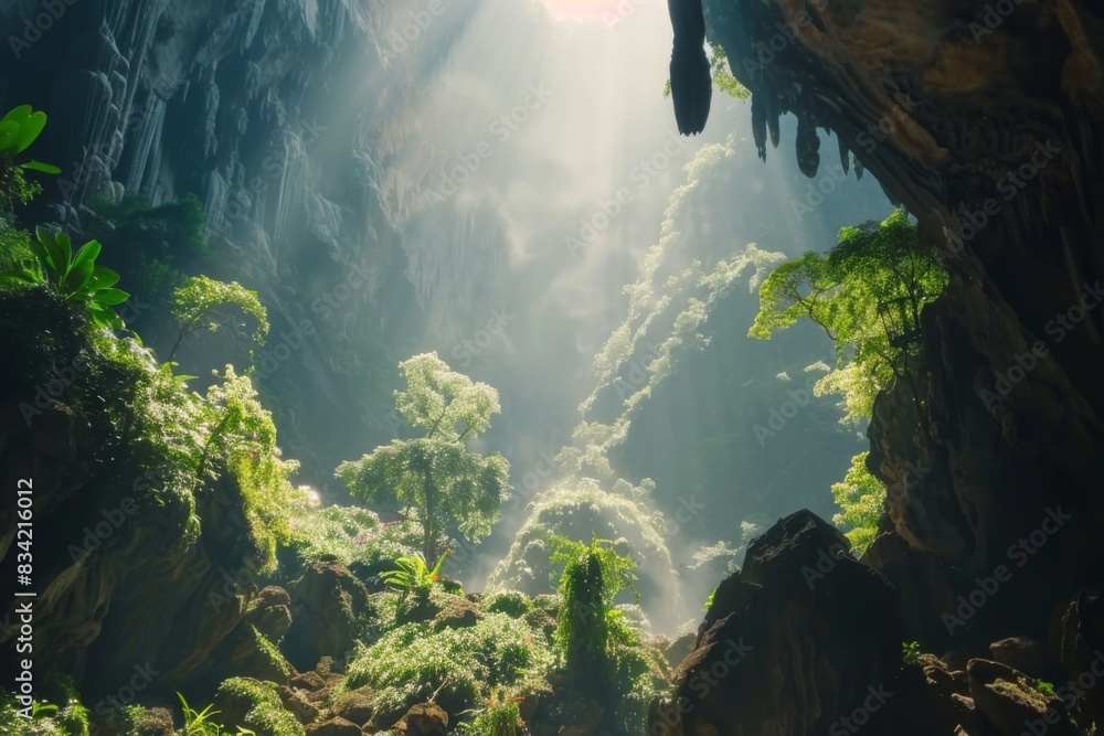 Obraz premium Cave lit by sun rays sunset evening nature exploration travel background rocks cliffs mountains seaside hiking tourist destination adventure spirit geology shiny sunny weather photography wallpaper