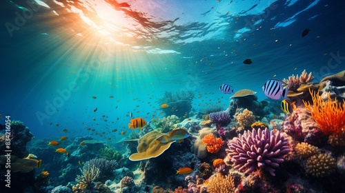 A scuba diver exploring a vibrant coral reef  surrounded by schools of colorful fish and marine life.  