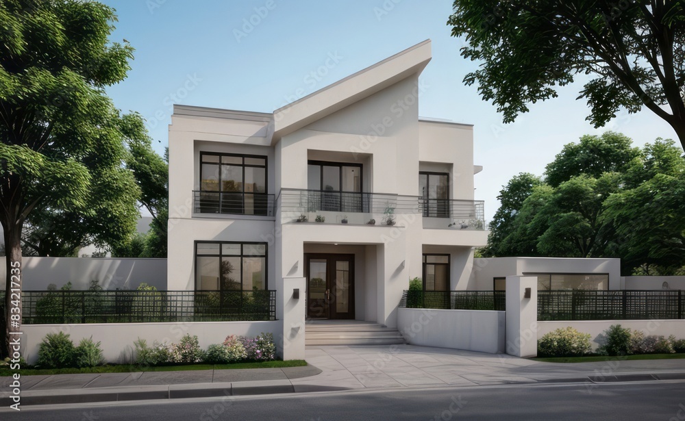Fototapeta premium A Contemporary Dwelling with Stylish Architecture, Beautiful Exterior Design, and a Serene Garden Setting. Perfect Family Home in a Residential Neighborhood, Featuring Thoughtful Construction 