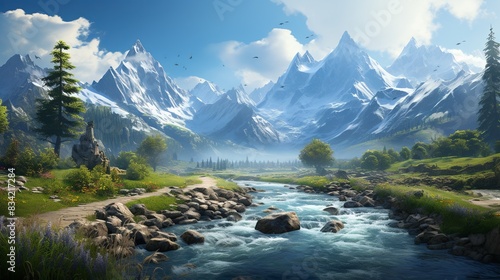 A serene mountain range with a river running through a lush valley 