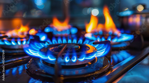 Modern Gas Stove with Multiple Burners in a Busy Kitchen