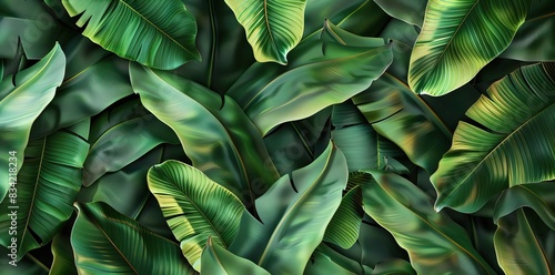 tropical banana leaf texture in garden, abstract green leaf, large palm foliage nature dark green background. AI generated illustration