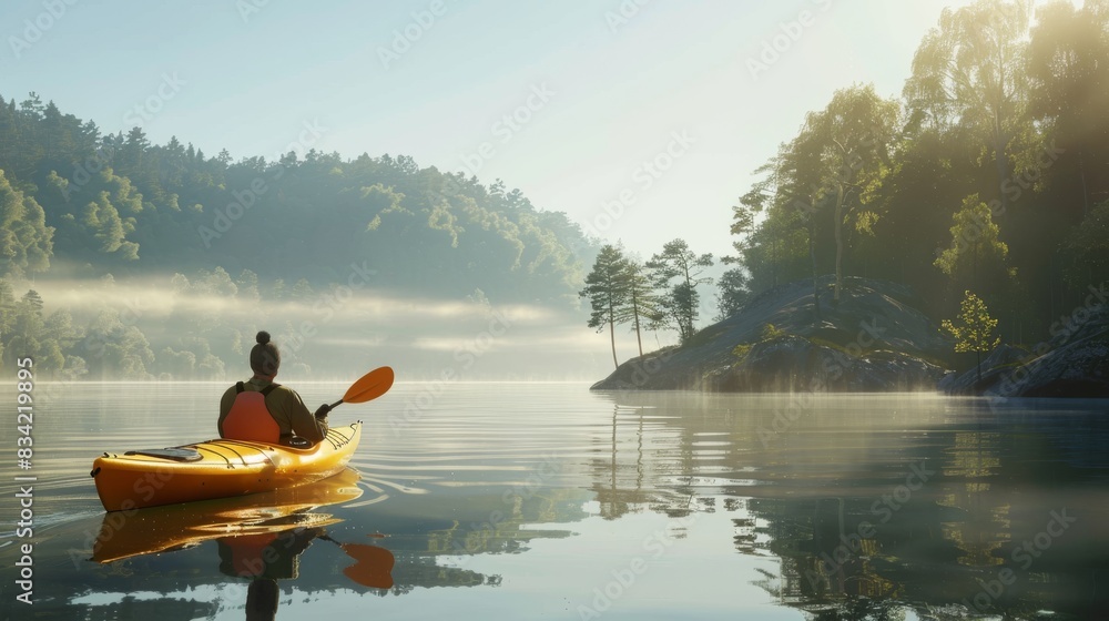 A man enjoying a leisurely kayak trip on a calm lake, with mist rising from the water and forested hills in the distance.,photorealistic,high detail,realistic