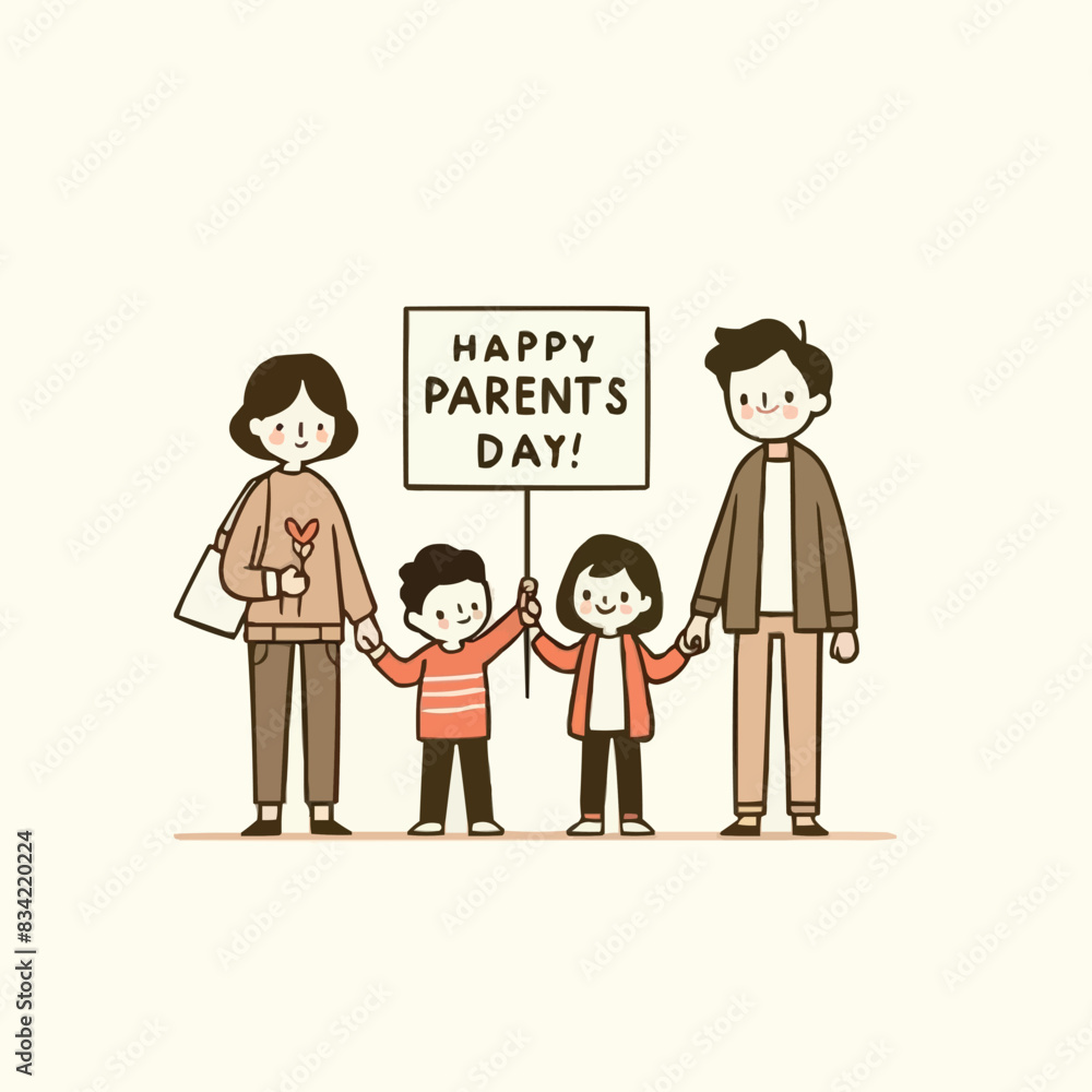 Parents' Day text is shown over a happy family holding hands and standing side by side in subdued hues. Parents' Day text is shown over a happy family holding hands and standing side by side in subdued hues.